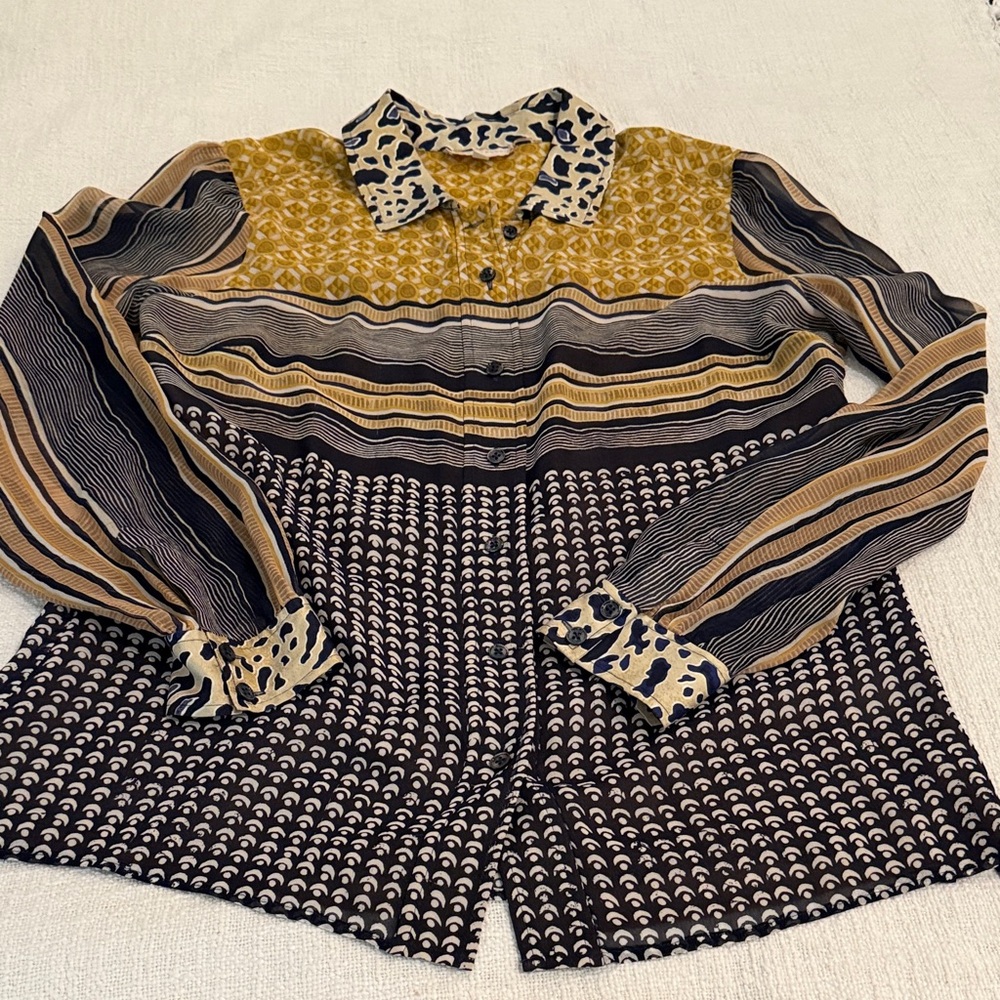 Tory Burch Blue and Gold Patterned Blouse